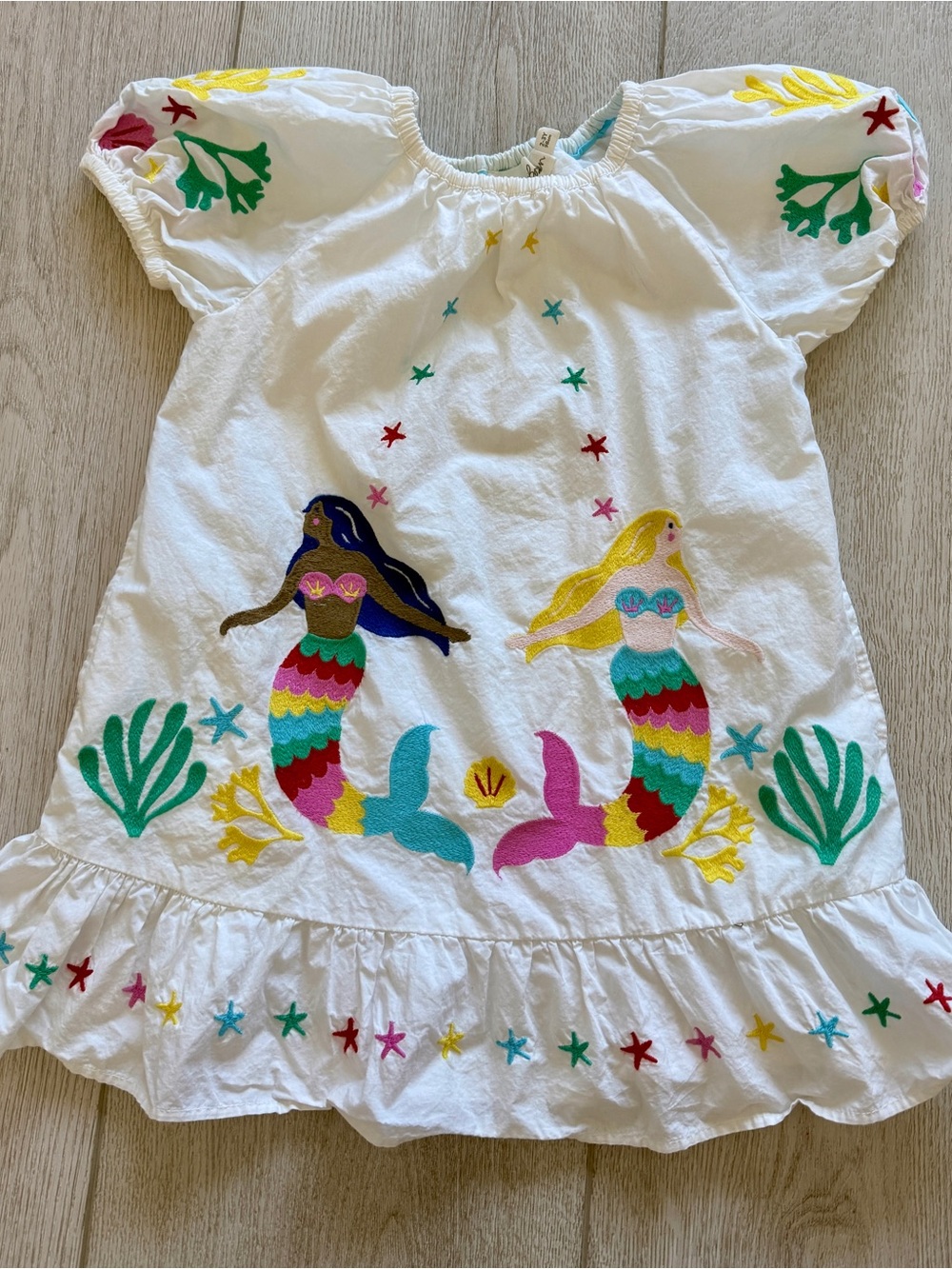 Mini Boden Girls Mermaid Dress 2-3Y 98 Embroidered White Ruffle Hem